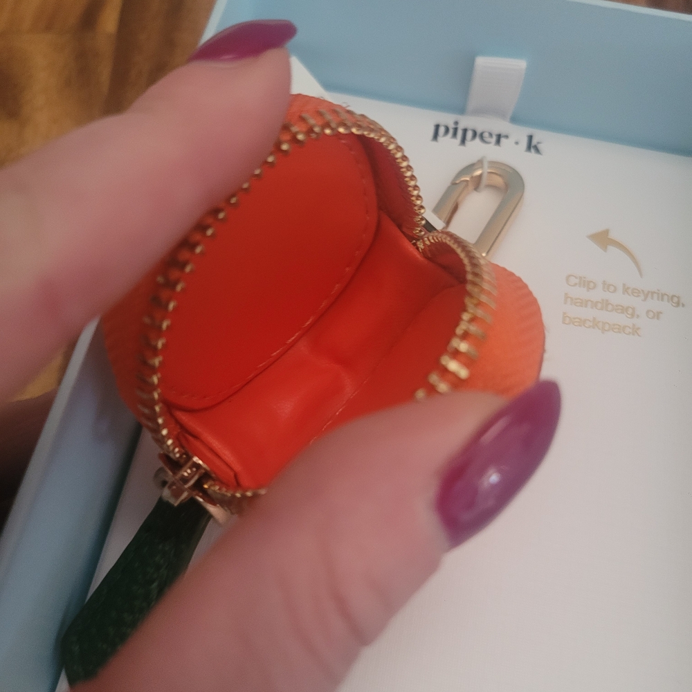 piper.k Orange Peach Bag Charm Key Chain with Green Leaf Accent - Picture 2 of 3